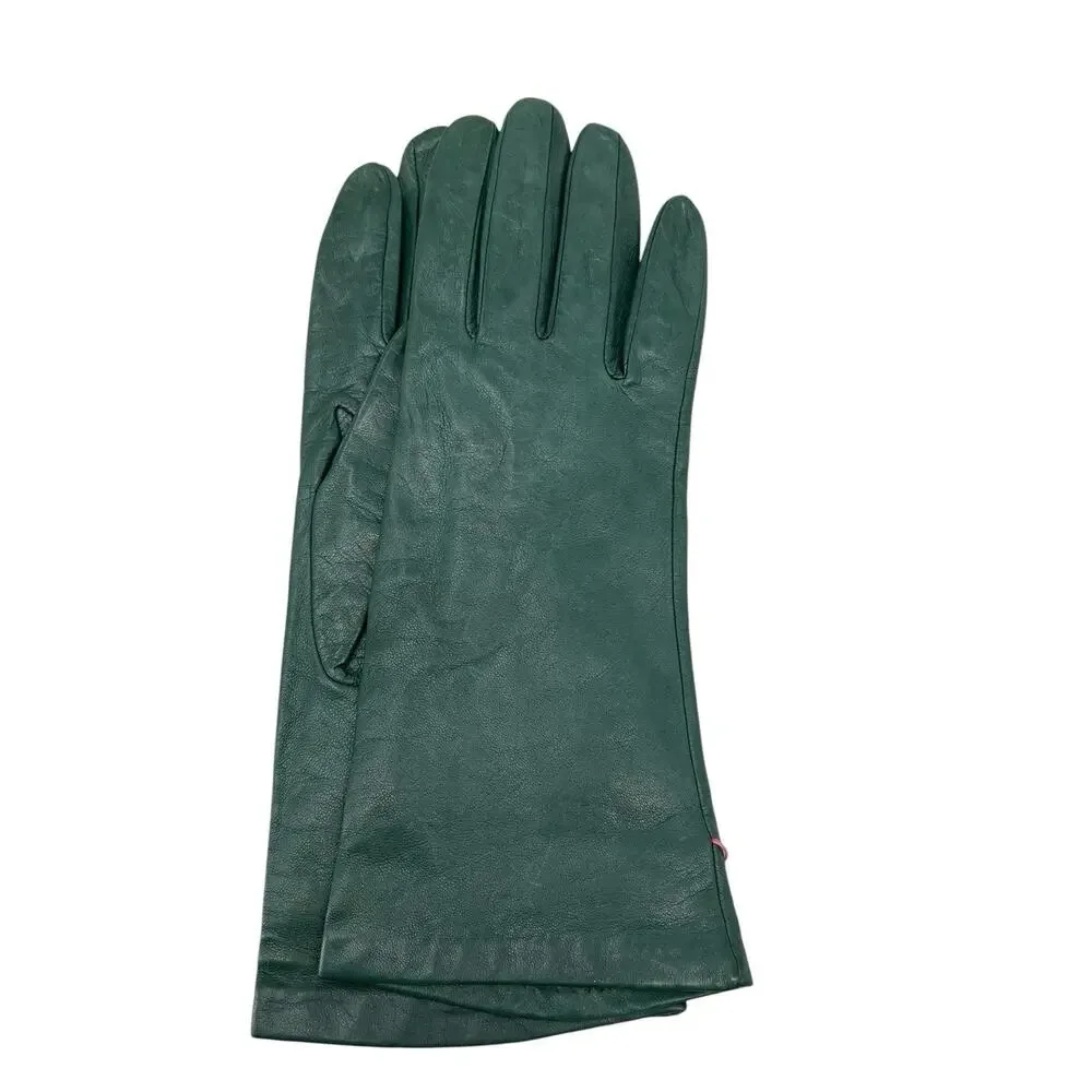 New Vintage Aris Isotoner Gloves Forest Green Leather Silk Lined Size 7 1/2